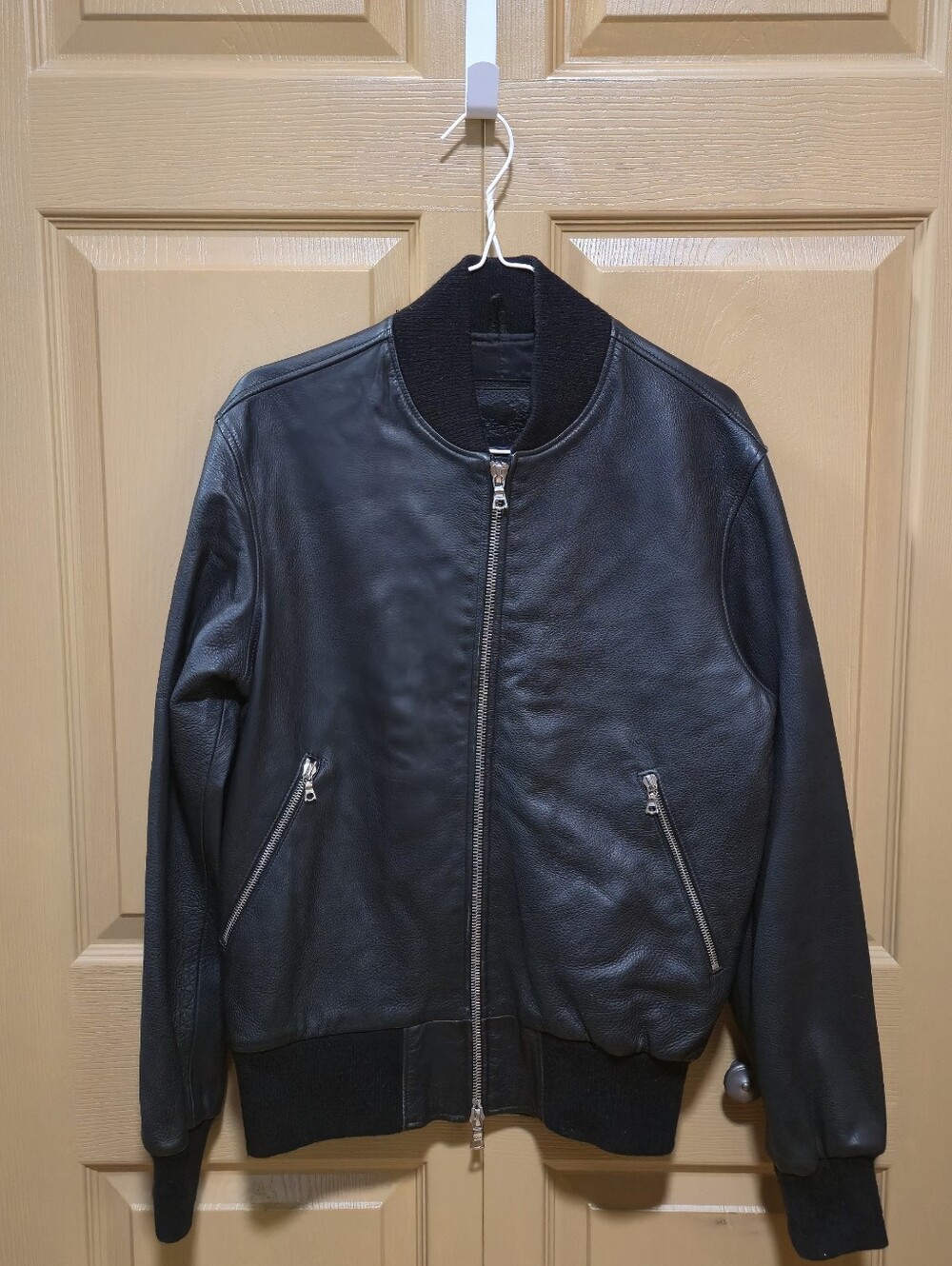 Roots Black Leather Bomber Jacket - Classic Ribbed Collar